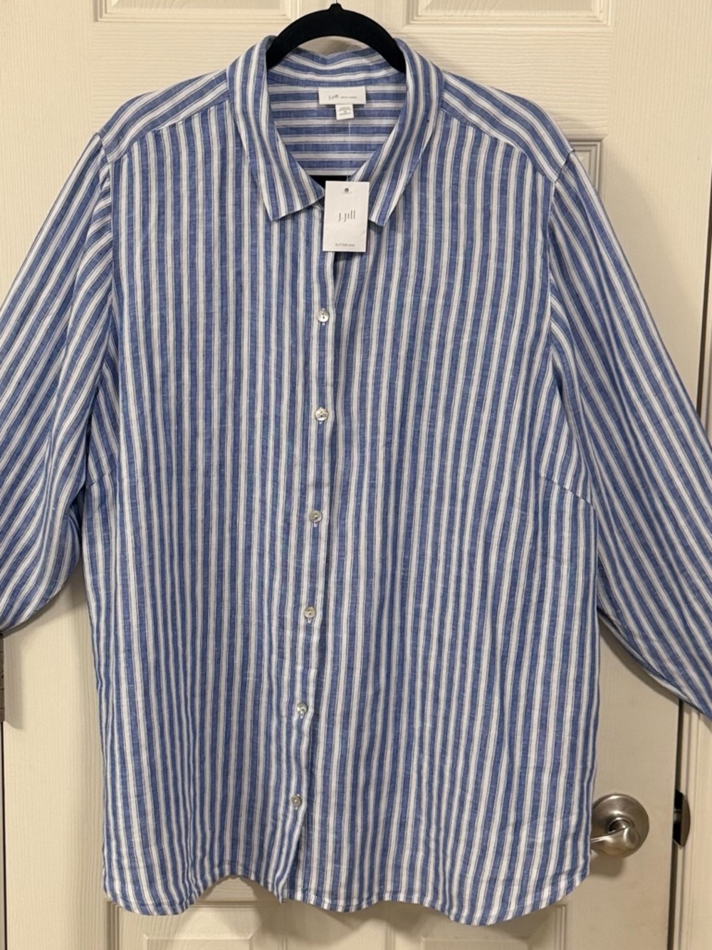J. Jill Blue and White Striped Linen Button-Front Shirt - Picture 8 of 16